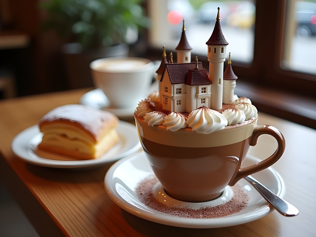Castle-themed hot chocolate and pastries at a Bavarian cafe
