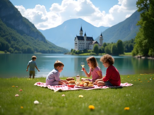 Family enjoying picnic by Lake Alpsee with castle view