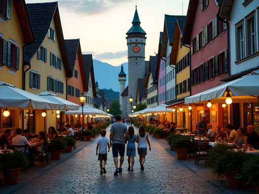 Evening in Füssen's colorful old town with families strolling