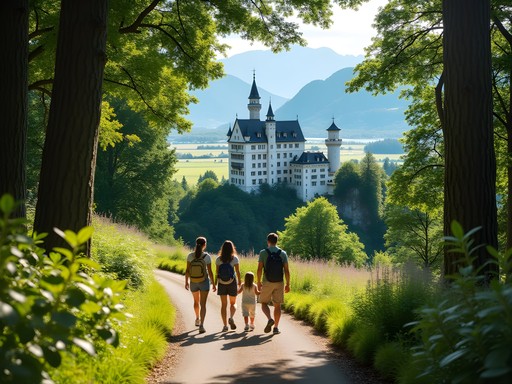 Family walking up the forest path to Neuschwanstein Castle