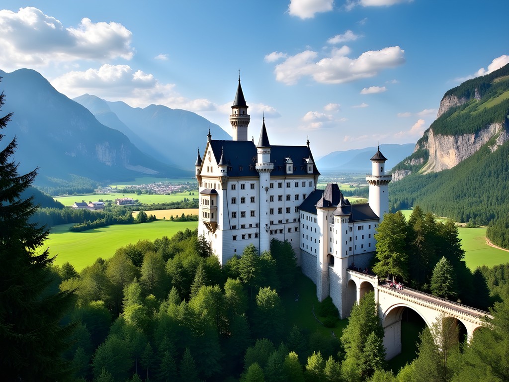 Panoramic view of Neuschwanstein Castle from Marienbrücke