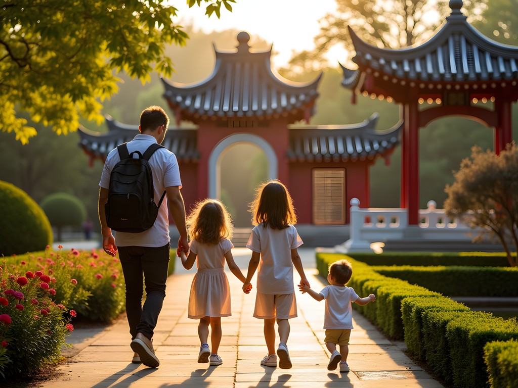 Family exploring the Chinese Scholar's Garden at Snug Harbor Cultural Center