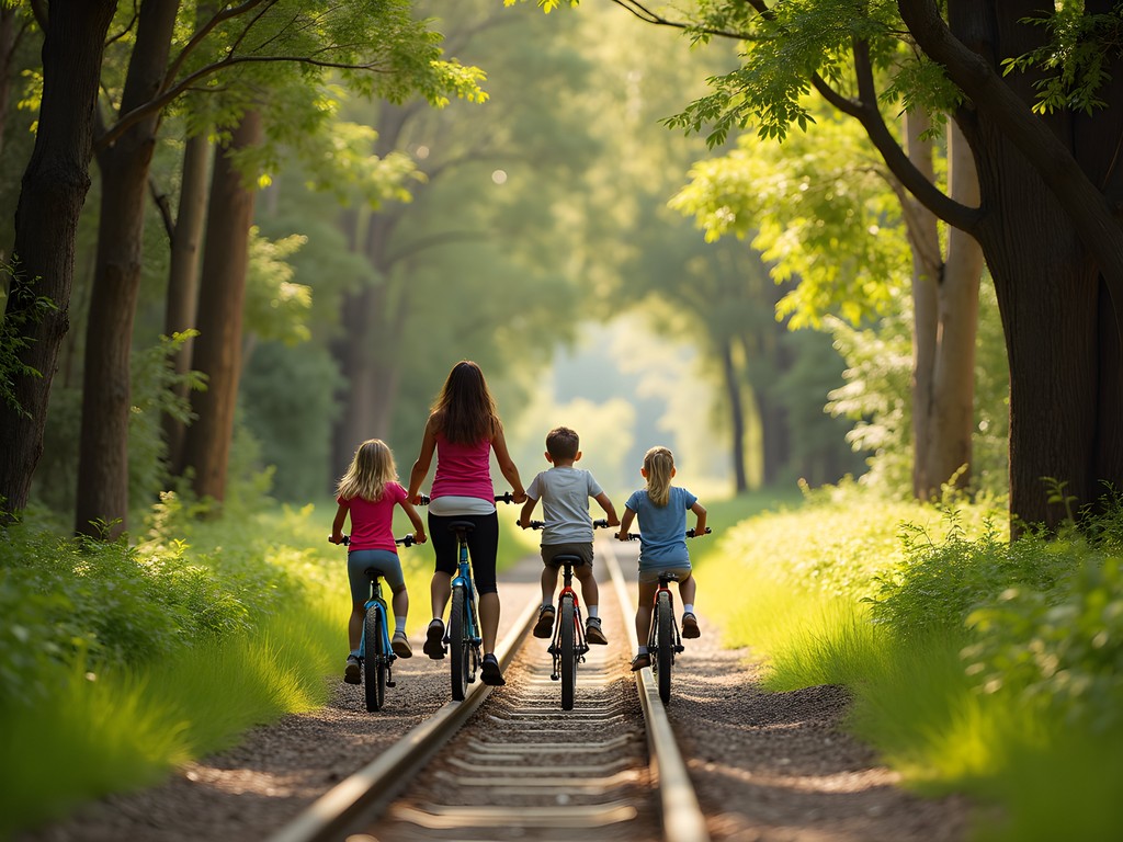 Family cycling along the tree-lined Fernleigh Track in Newcastle