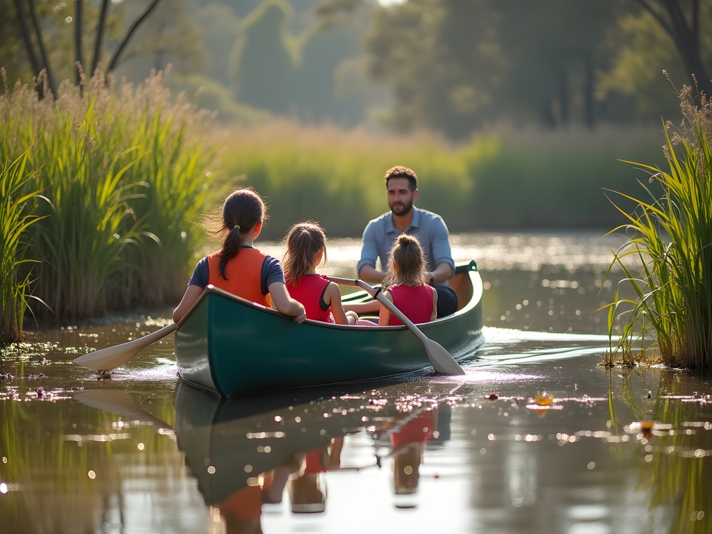 Family canoeing through Hunter Wetlands with guide pointing out wildlife