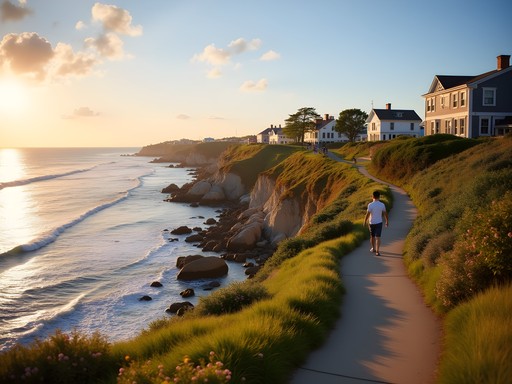 Family walking along Newport's scenic Cliff Walk with ocean views