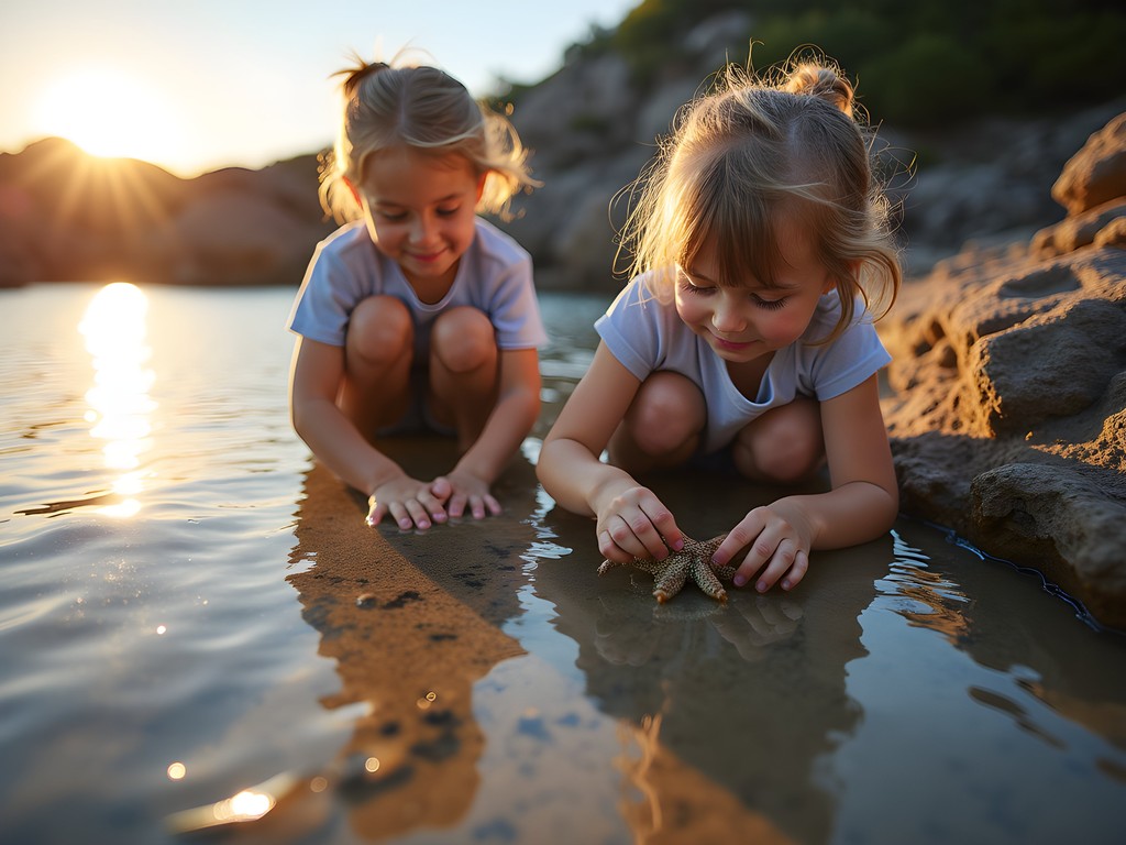 Family exploring tide pools at Easton's Beach in Newport