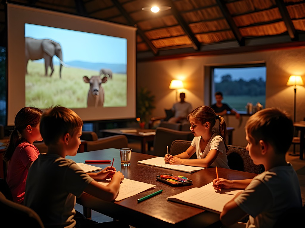 Evening learning activities at luxury safari lodge with children