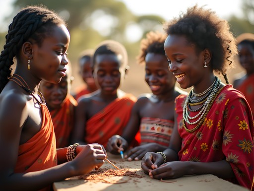Children learning traditional crafts with Maasai community members
