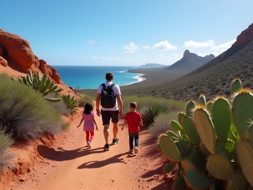 Family exploring the desert landscape of Arikok National Park in Aruba