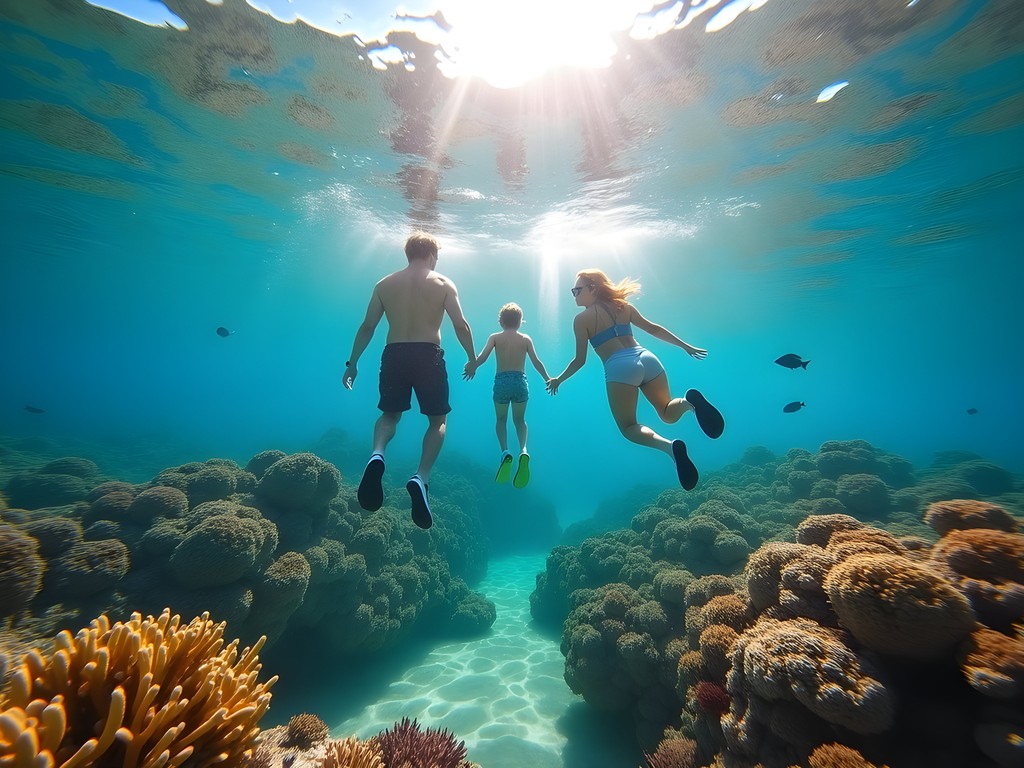 Family snorkeling in the clear waters of Boca Catalina, Noord