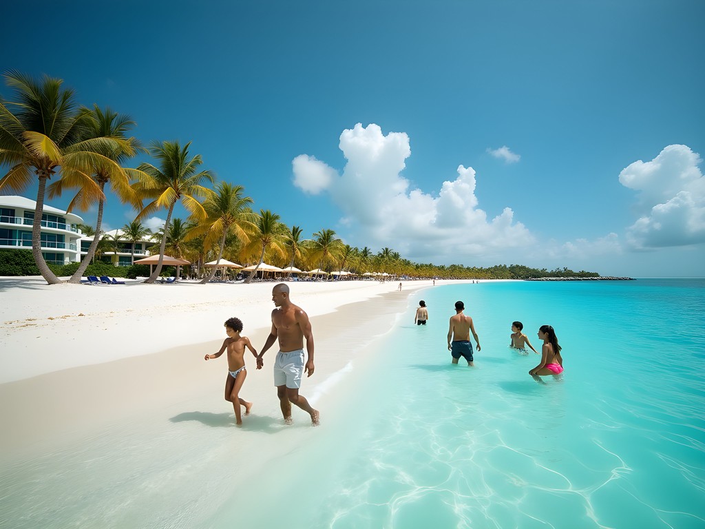Families enjoying the calm turquoise waters of Palm Beach in Noord, Aruba