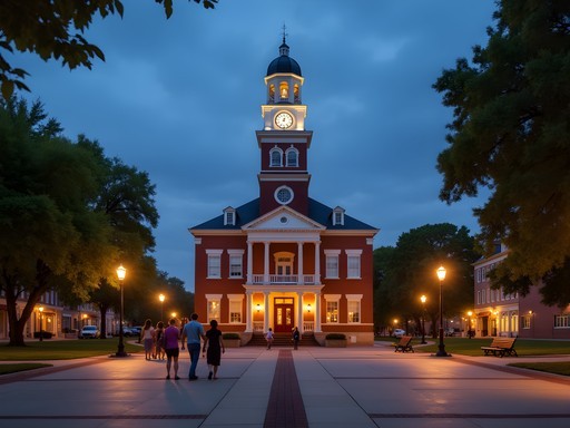 Evening scene at Johnson County Courthouse Square in downtown Olathe