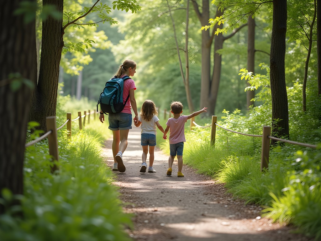 Family hiking on nature trails at Ernie Miller Nature Center in Olathe