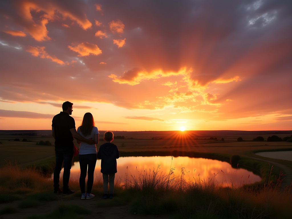 Family silhouetted against colorful Kansas sunset at Kill Creek Park near Olathe
