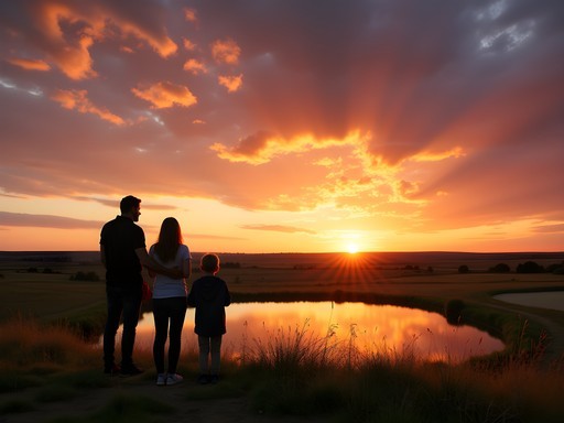 Family silhouetted against colorful Kansas sunset at Kill Creek Park near Olathe