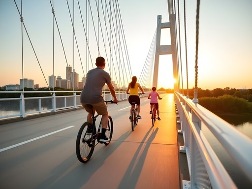 Family biking across the Bob Kerrey Pedestrian Bridge in Omaha