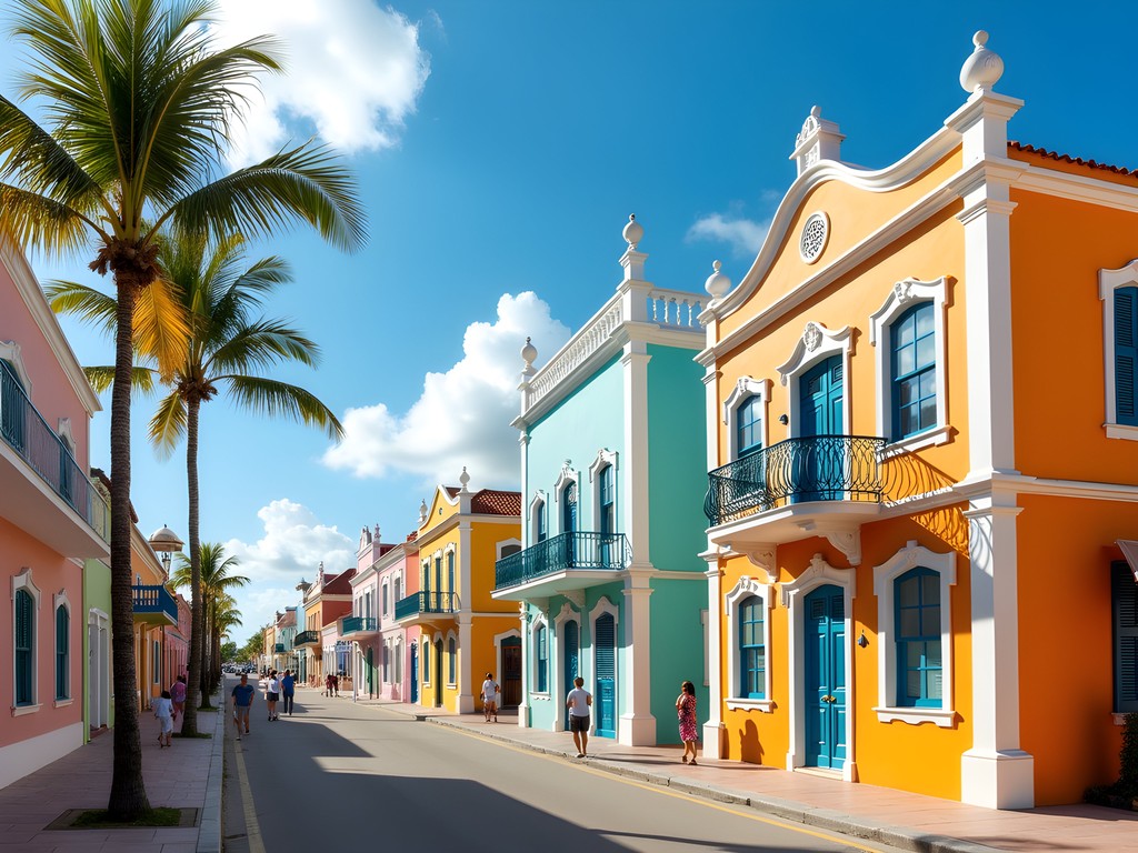 Vibrant Dutch colonial buildings in downtown Oranjestad, Aruba