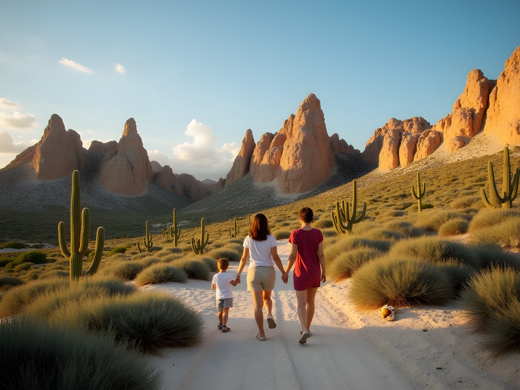 Family exploring the dramatic landscape of Arikok National Park in Aruba