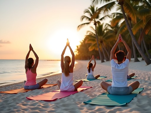 Family practicing morning yoga on an Aruba beach at sunrise