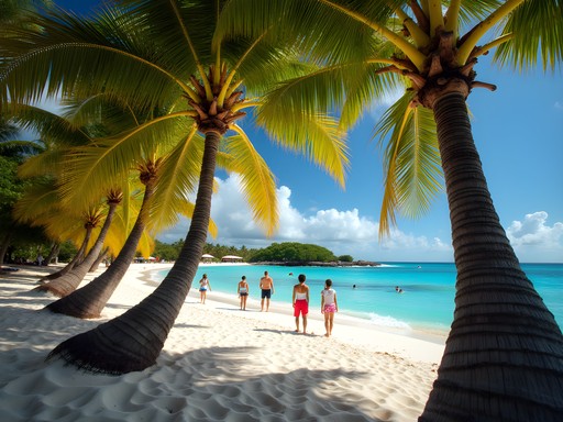 Family enjoying Eagle Beach with iconic fofoti trees in Aruba
