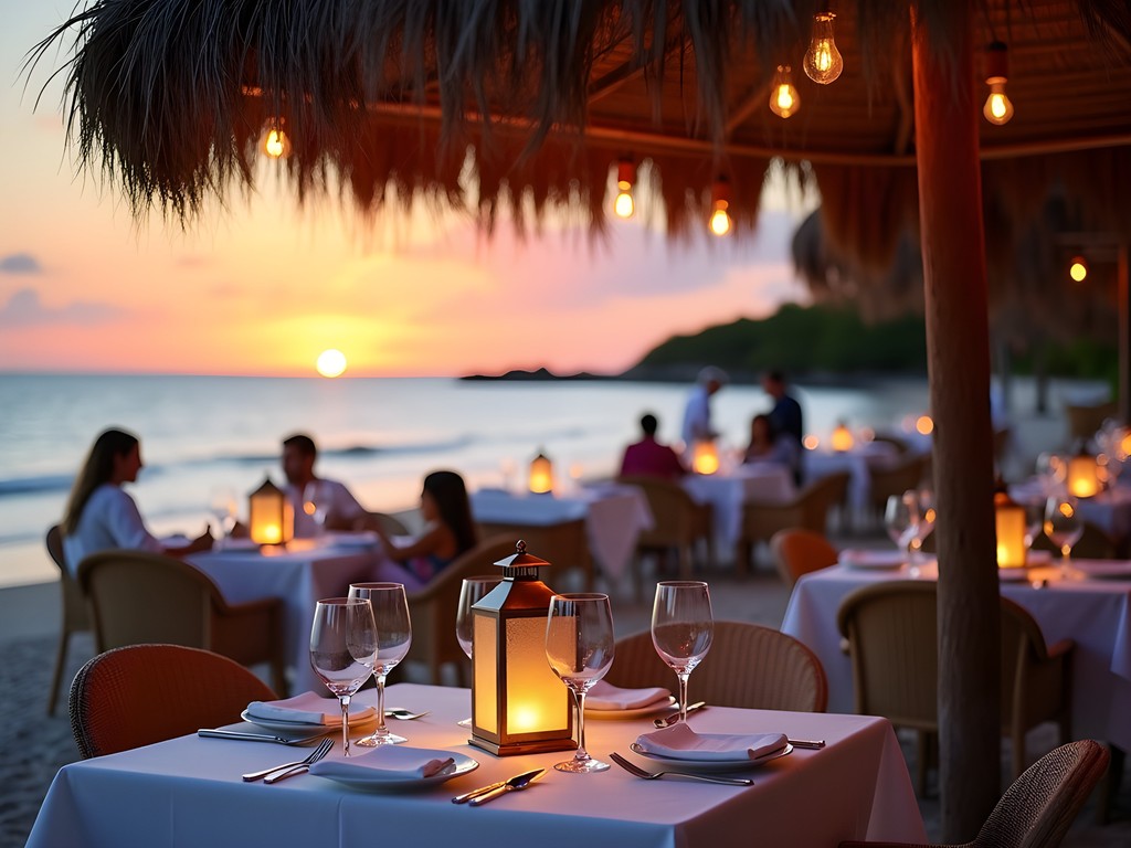 Family enjoying luxury beachfront dining experience at sunset in Aruba