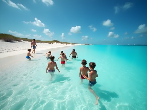 Family enjoying the shallow lagoon at Baby Beach in Aruba