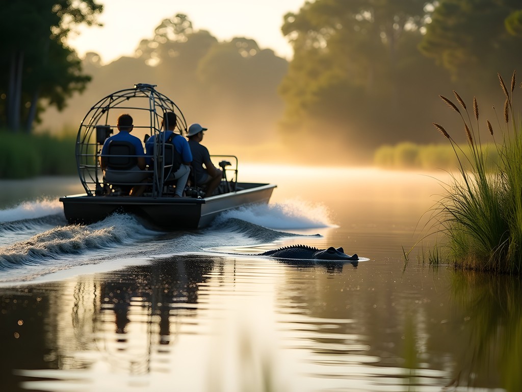 Family enjoying airboat tour through Florida wetlands spotting alligators