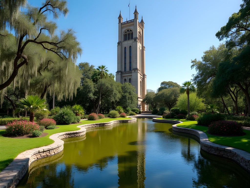 Bok Tower and reflecting pool surrounded by lush gardens in Florida