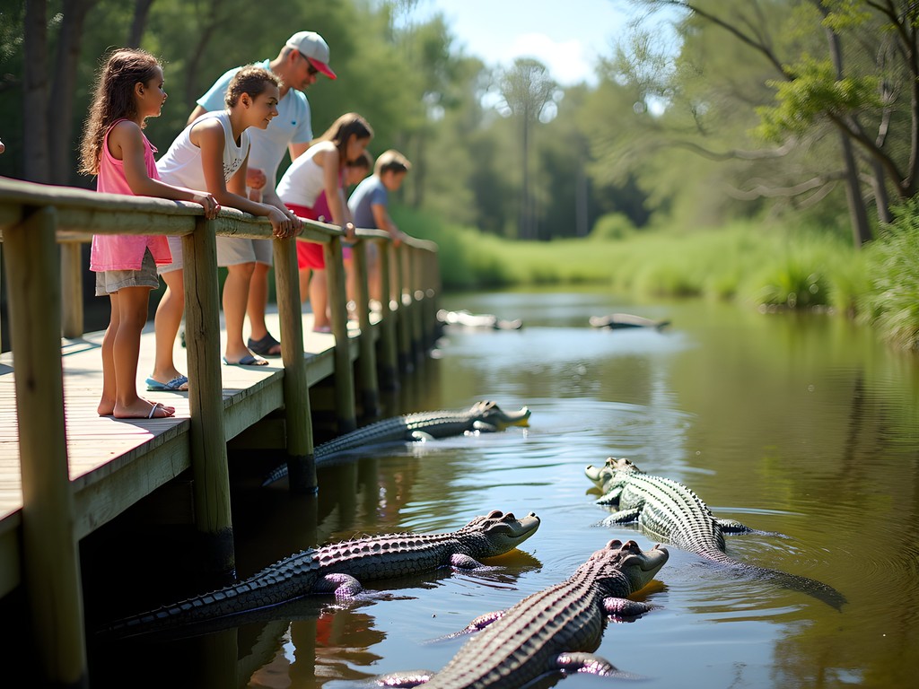 Family feeding alligators at Gatorland Orlando from safe viewing platform
