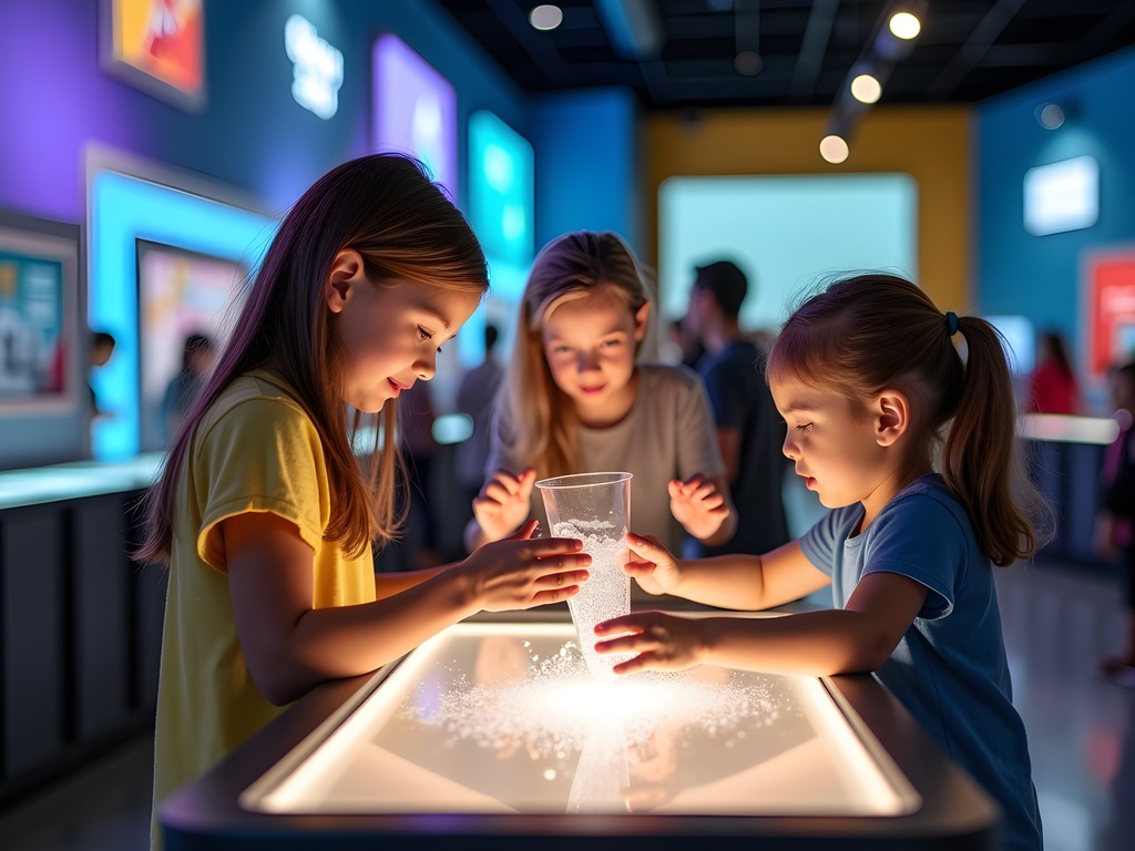 Interactive science exhibit at Orlando Science Center with children conducting experiments