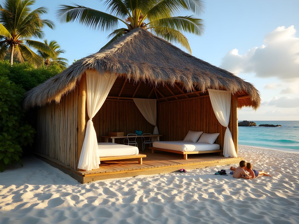 Family staying in traditional beach fale accommodation in Ha'apai Tonga