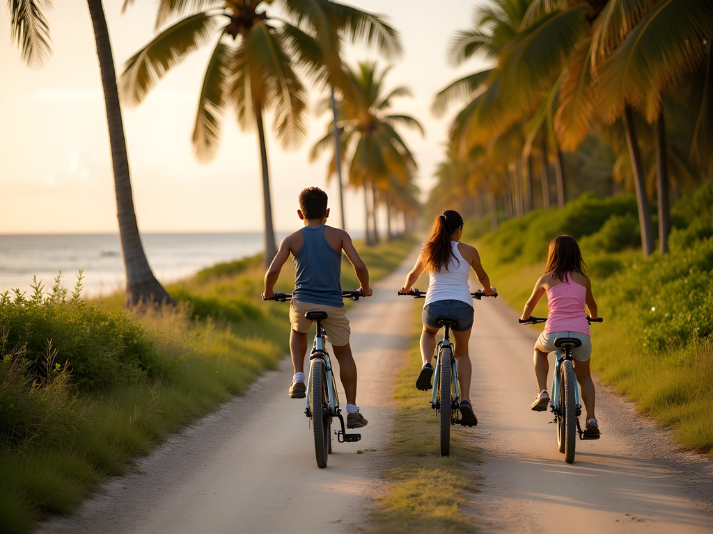 Family cycling along coastal road in Ha'apai Islands Tonga