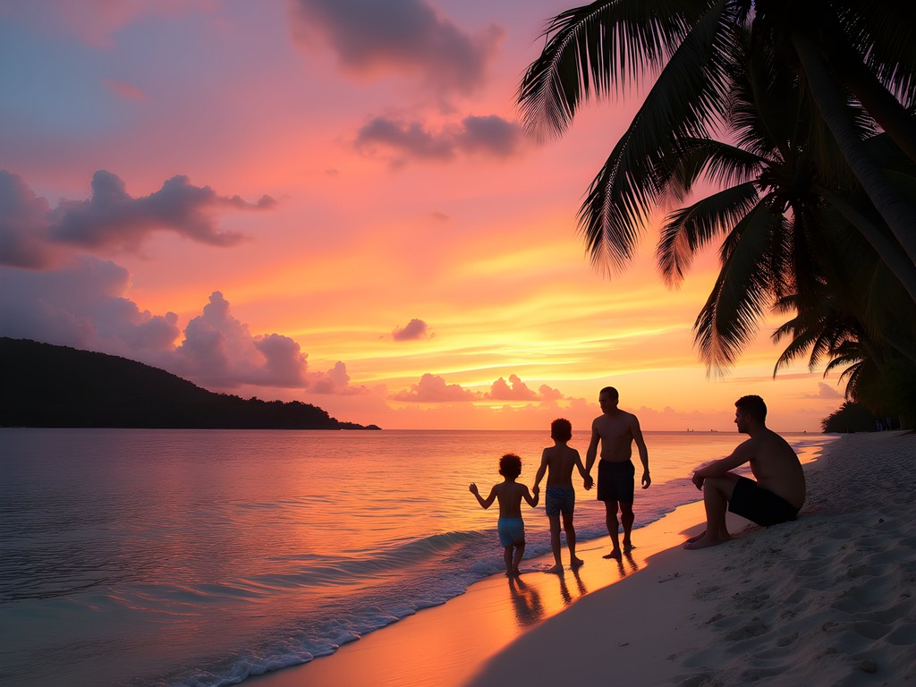 Family watching sunset on empty beach in Ha'apai Islands Tonga