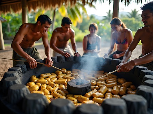 Traditional Tongan umu underground cooking preparation with family
