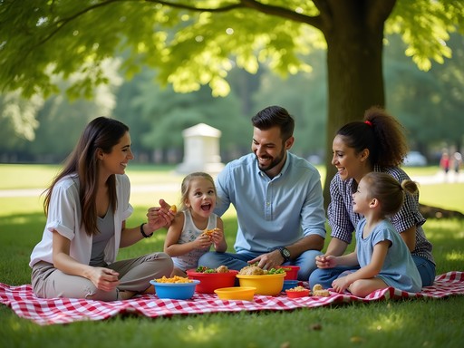 Family enjoying budget-friendly picnic at Ukrainian Heritage Park in Parma