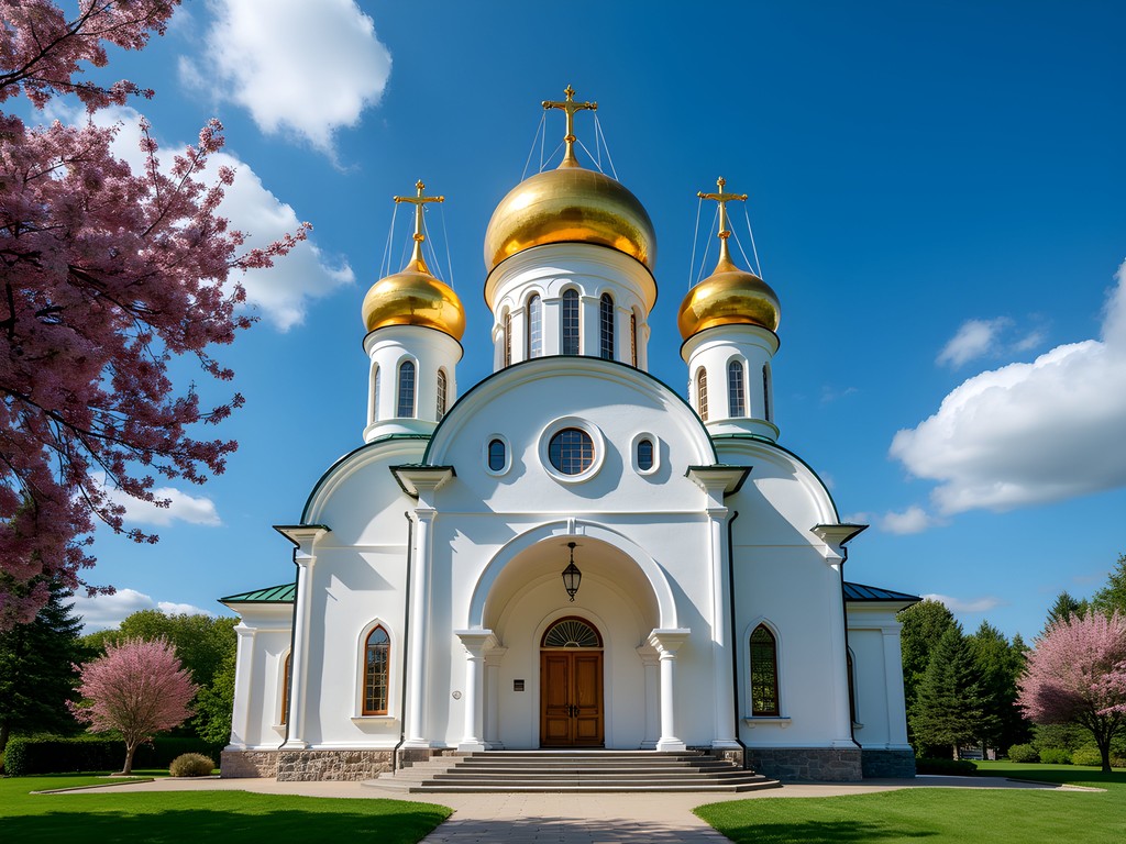 Golden domes of St. Vladimir Ukrainian Orthodox Cathedral in Parma against blue sky