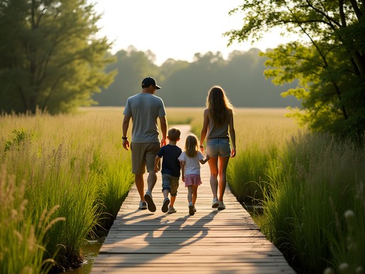 Family exploring boardwalk trail through West Creek Reservation wetlands in summer