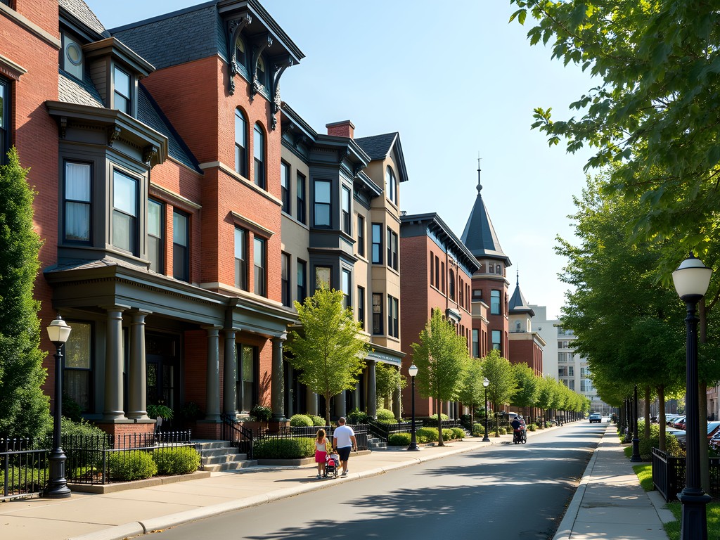 Historic architecture in Peoria Heights neighborhood with families exploring