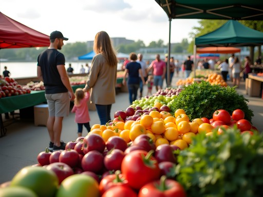Families shopping at Peoria Riverfront Market with fresh local produce
