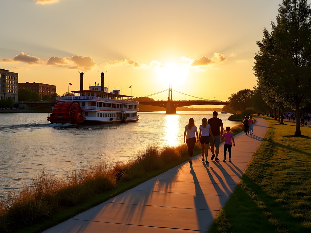 Illinois River sunset view from Peoria Riverfront with paddlewheel boat