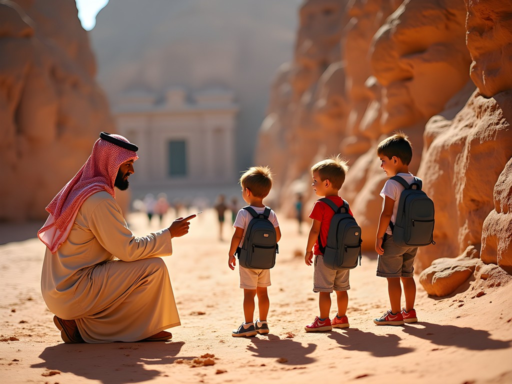 Bedouin guide teaching children about ancient Nabataean carvings in Petra