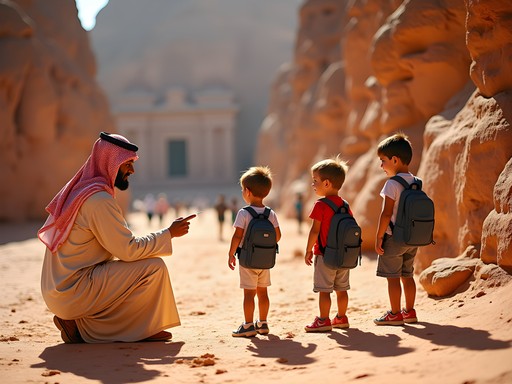 Bedouin guide teaching children about ancient Nabataean carvings in Petra