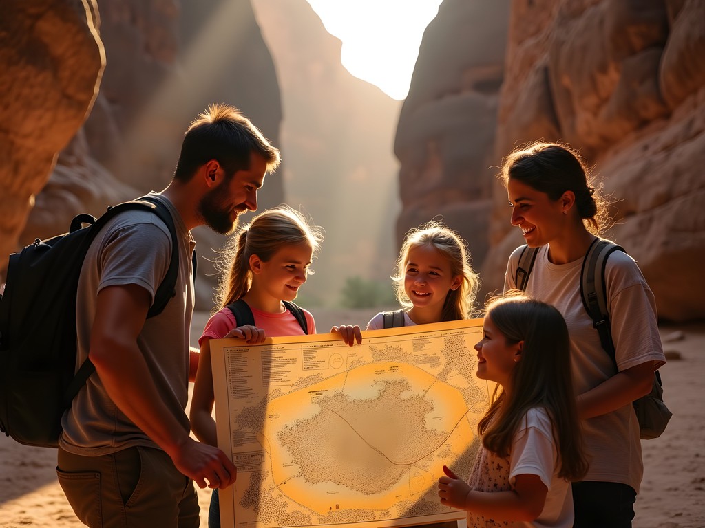 Family studying Petra site map at entrance to the Siq