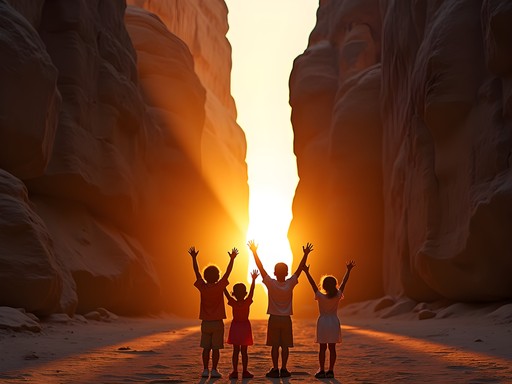 Family silhouetted against Petra's Monastery at sunset