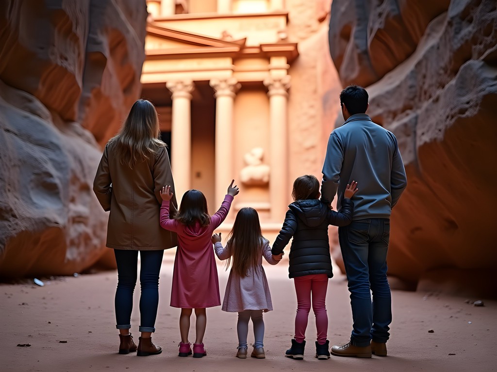 Family's first view of Petra's Treasury through the Siq