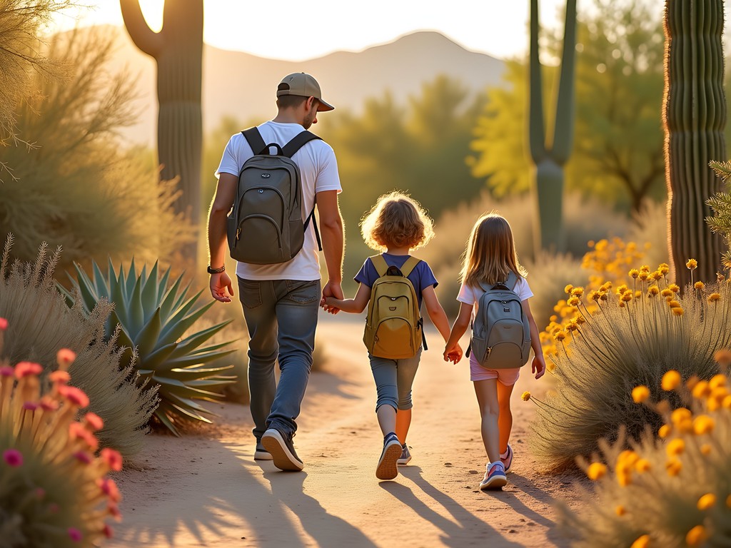 Family exploring colorful desert plants at Phoenix Botanical Garden in fall