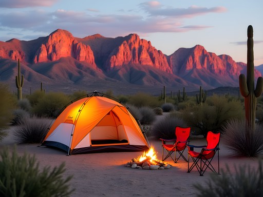 Family camping with Superstition Mountains backdrop at Lost Dutchman State Park