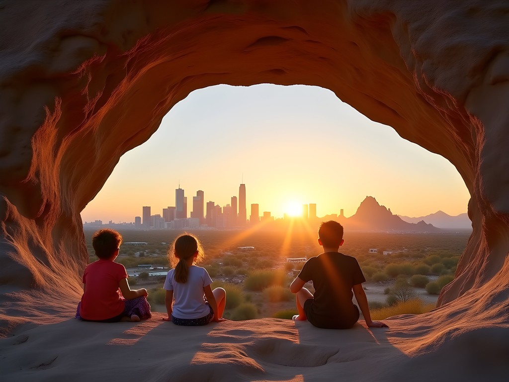 Family enjoying sunset view through Hole-in-the-Rock formation at Papago Park