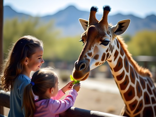 Family feeding giraffes at Phoenix Zoo's elevated platform during fall season