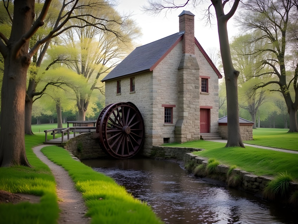 Historic Cooch-Dayett Mills with water wheel and stone building in spring